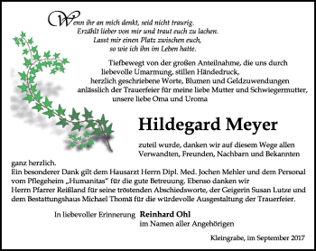 Traueranzeige von Hildegard Meyer von Thüringer Allgemeine, Thüringische Landeszeitung