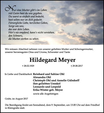 Traueranzeige von Hildegard Meyer von Thüringer Allgemeine, Thüringische Landeszeitung