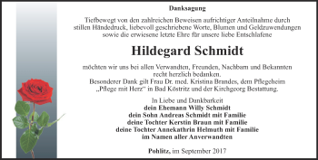 Traueranzeige von Hildegard Schmidt von Ostthüringer Zeitung