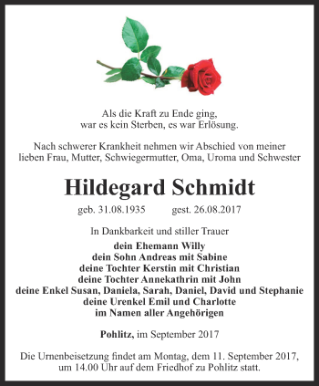 Traueranzeige von Hildegard Schmidt von Ostthüringer Zeitung