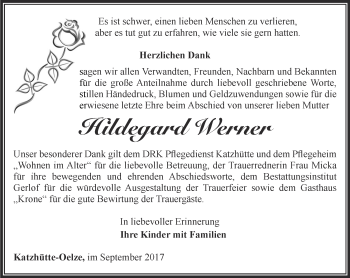 Traueranzeige von Hildegard Werner von Ostthüringer Zeitung