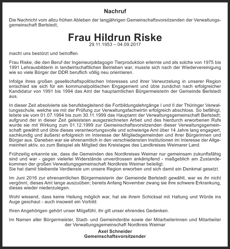  Traueranzeige für Hildrun Riske vom 13.09.2017 aus Thüringer Allgemeine, Thüringische Landeszeitung