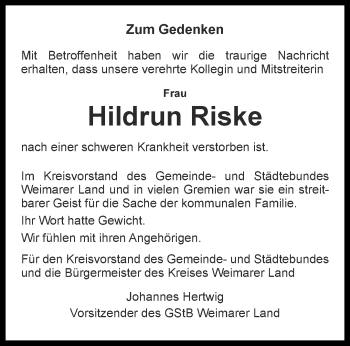 Traueranzeige von Hildrun Riske von Thüringer Allgemeine, Thüringische Landeszeitung