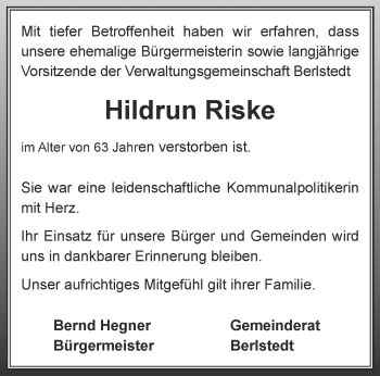 Traueranzeige von Hildrun Riske von Thüringer Allgemeine, Thüringische Landeszeitung