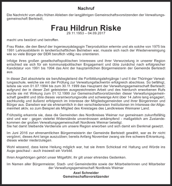 Traueranzeige von Hildrun Riske von Thüringer Allgemeine, Thüringische Landeszeitung