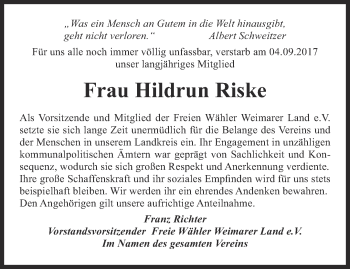 Traueranzeige von Hildrun Riske von Thüringer Allgemeine, Thüringische Landeszeitung