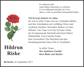 Traueranzeige von Hildrun Riske von Thüringer Allgemeine, Thüringische Landeszeitung