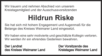 Traueranzeige von Hildrun Riske von Thüringer Allgemeine, Thüringische Landeszeitung