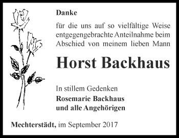 Traueranzeige von Horst Backhaus von Ostthüringer Zeitung, Thüringische Landeszeitung