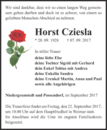 Traueranzeige von Horst Cziesla von Thüringer Allgemeine, Thüringische Landeszeitung