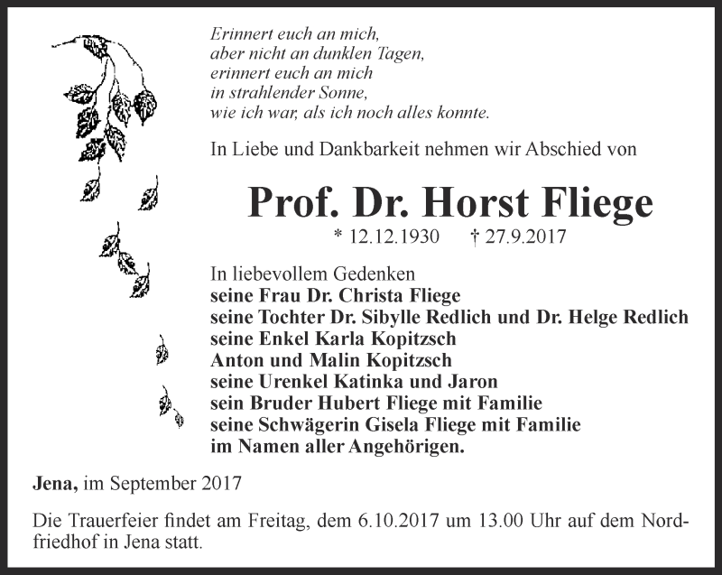  Traueranzeige für Horst Fliege vom 30.09.2017 aus Ostthüringer Zeitung, Thüringische Landeszeitung