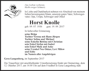 Traueranzeige von Horst Knolle von Ostthüringer Zeitung