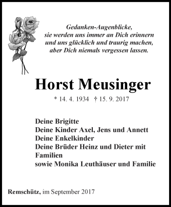 Traueranzeige von Horst Meusinger von Ostthüringer Zeitung
