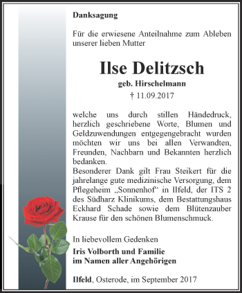 Traueranzeige von Ilse Delitzsch von Thüringer Allgemeine