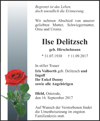 Traueranzeige von Ilse Delitzsch von Thüringer Allgemeine
