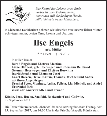 Traueranzeige von Ilse Engels von Ostthüringer Zeitung