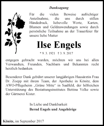 Traueranzeige von Ilse Engels von Ostthüringer Zeitung