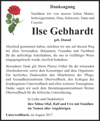 Traueranzeige von Ilse Gebhardt von Ostthüringer Zeitung