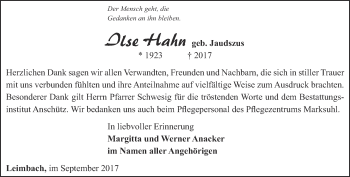 Traueranzeige von Ilse Hahn von Thüringer Allgemeine, Thüringische Landeszeitung