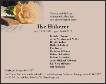 Traueranzeige von Ilse Häberer