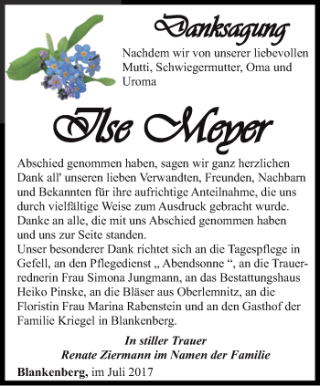 Traueranzeige von Ilse Meyer von Ostthüringer Zeitung