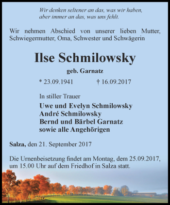 Traueranzeige von Ilse Schmilowsky von Thüringer Allgemeine