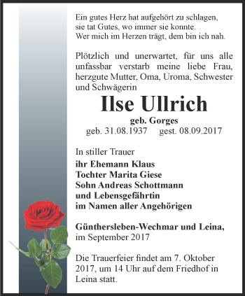 Traueranzeige von Ilse Ullrich von Ostthüringer Zeitung, Thüringische Landeszeitung