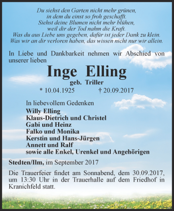 Traueranzeige von Inge Elling von Thüringer Allgemeine, Thüringische Landeszeitung