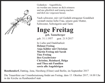 Traueranzeige von Inge Freitag von Ostthüringer Zeitung