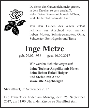 Traueranzeige von Inge Metze von Thüringer Allgemeine