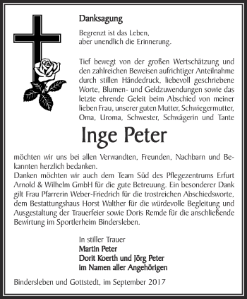 Traueranzeige von Inge Peter von Thüringer Allgemeine, Thüringische Landeszeitung