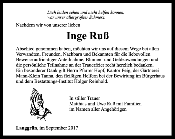 Traueranzeige von Inge Ruß von Ostthüringer Zeitung