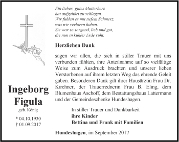 Traueranzeige von Ingeborg Figula von Thüringer Allgemeine