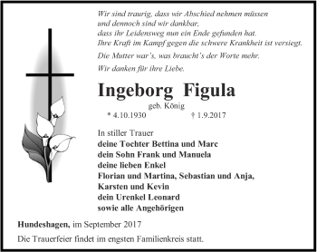 Traueranzeige von Ingeborg Figula von Thüringer Allgemeine