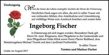 Traueranzeige von Ingeborg Fischer von Thüringer Allgemeine, Thüringische Landeszeitung