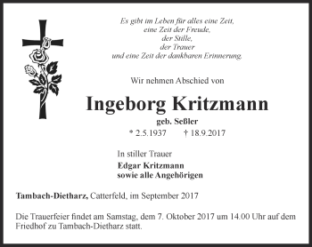 Traueranzeige von Ingeborg Kritzmann von Ostthüringer Zeitung, Thüringische Landeszeitung