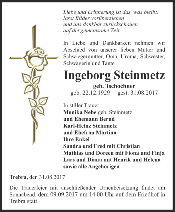 Traueranzeige von Ingeborg Steinmetz von Thüringer Allgemeine