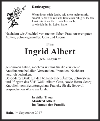 Traueranzeige von Ingrid Albert von Ostthüringer Zeitung