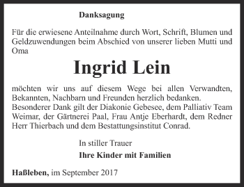 Traueranzeige von Ingrid Lein von Thüringer Allgemeine, Thüringische Landeszeitung