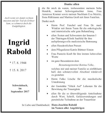 Traueranzeige von Ingrid Rabold von Ostthüringer Zeitung