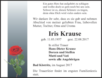 Traueranzeige von Iris Krause von Ostthüringer Zeitung