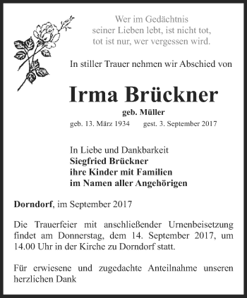 Traueranzeige von Irma Brückner von Ostthüringer Zeitung