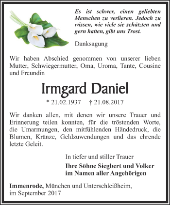 Traueranzeige von Irmgard Daniel von Thüringer Allgemeine