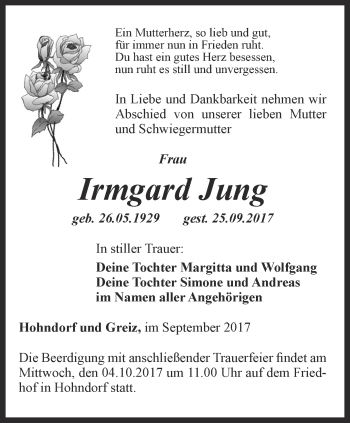 Traueranzeige von Irmgard Jung von Ostthüringer Zeitung