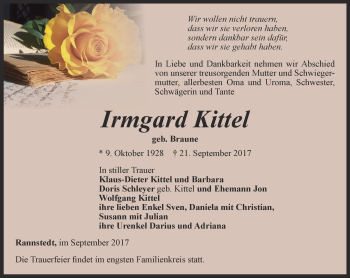 Traueranzeige von Irmgard Kittel von Thüringer Allgemeine, Thüringische Landeszeitung