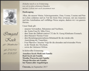 Traueranzeige von Irmgard Koch von Thüringer Allgemeine, Thüringische Landeszeitung