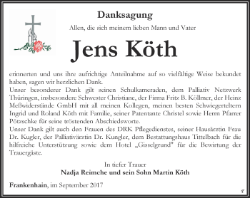 Traueranzeige von Jens Köth von Thüringer Allgemeine