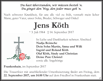 Traueranzeige von Jens Köth von Thüringer Allgemeine