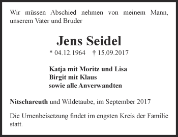 Traueranzeige von Jens Seidel von Ostthüringer Zeitung