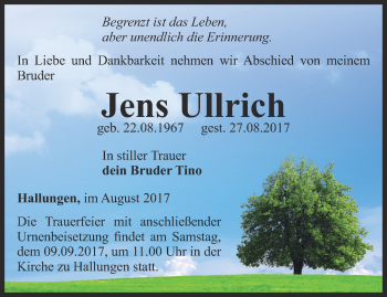 Traueranzeige von Jens Ullrich von Thüringer Allgemeine, Thüringische Landeszeitung